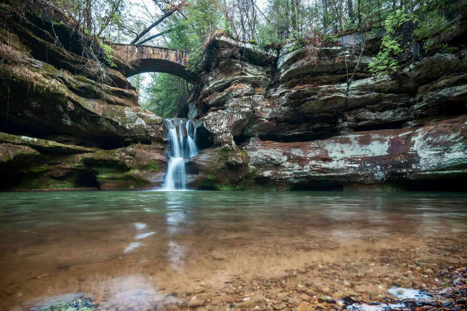Waterfall and footbridge in Hocking Hills State Park