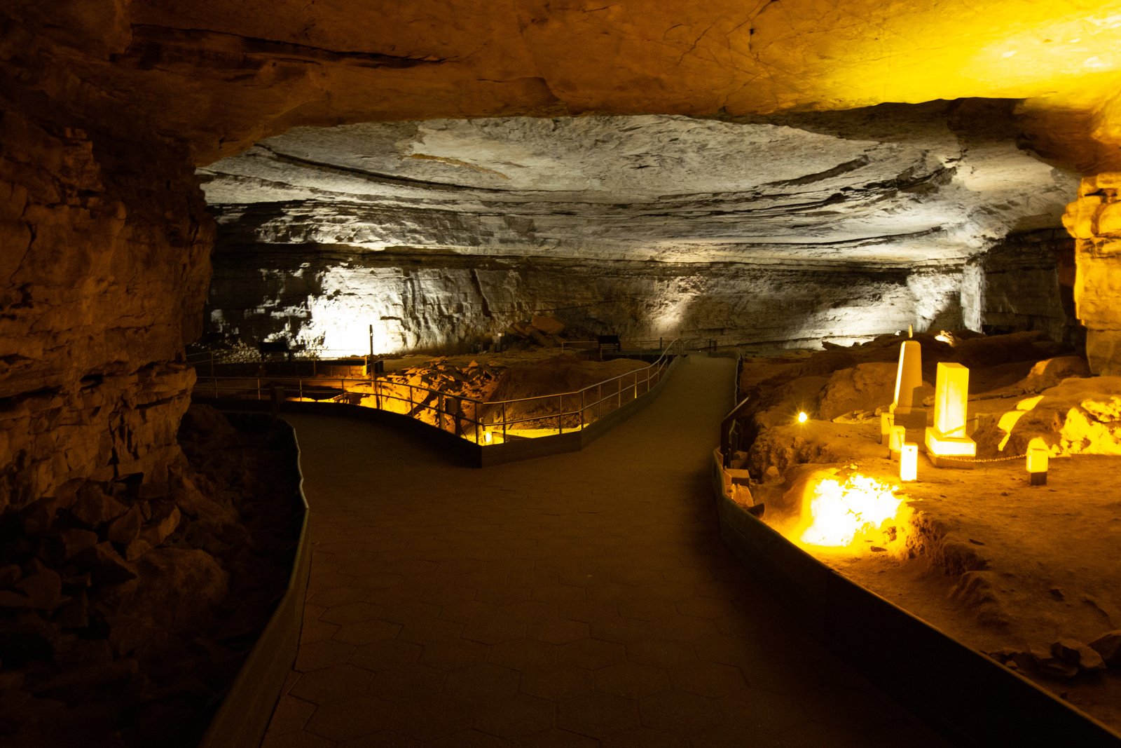 The Rotunda in Mammoth Cave, with paved paths across the cavern floor