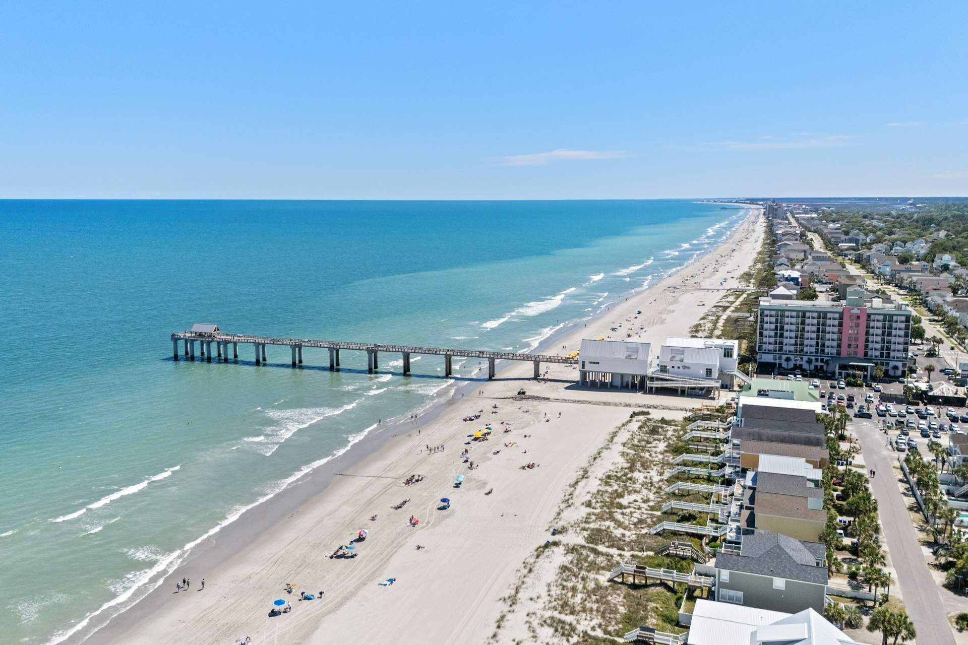 Aerial view of Surfside Beach and its fishing pier on the Grand Strand