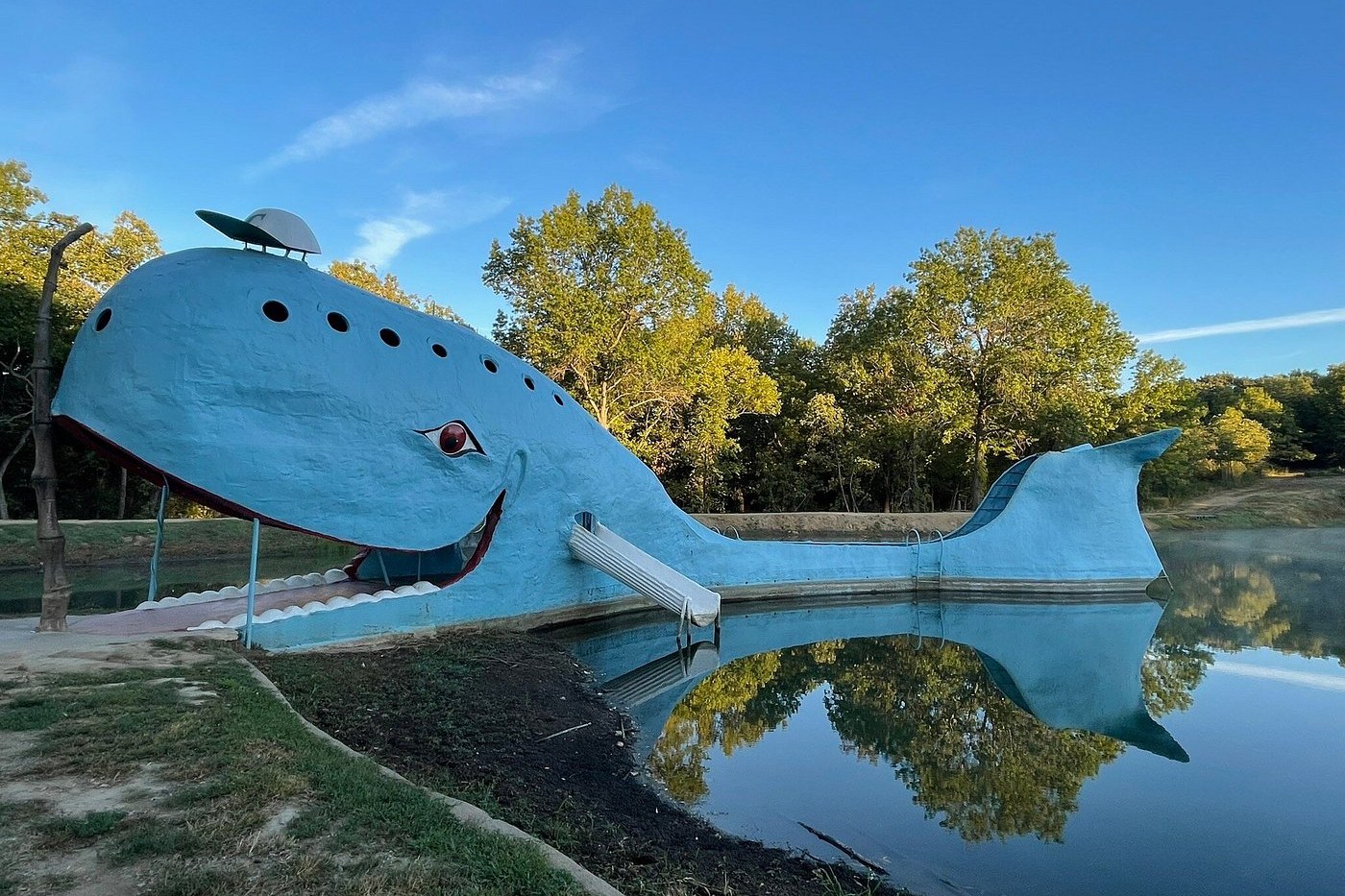 Blue Whale of Catoosa on a pond
