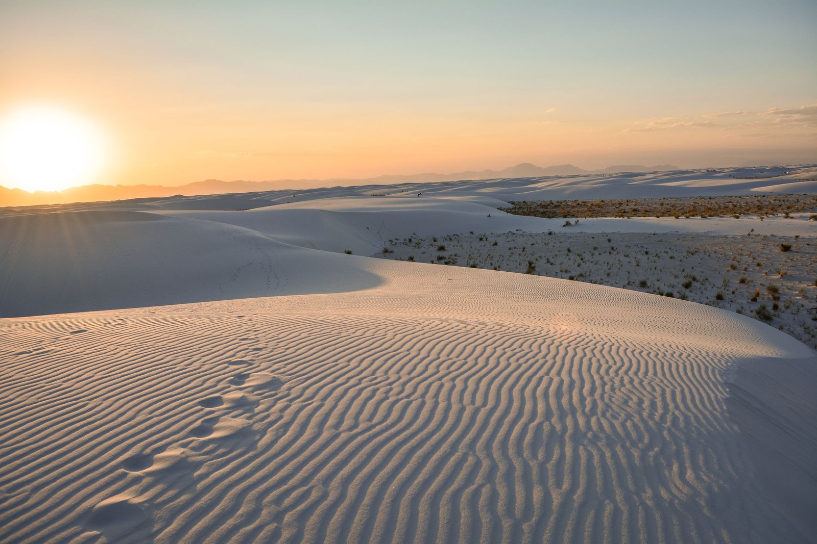 Sunset over rippled dunes at White Sands, New Mexico
